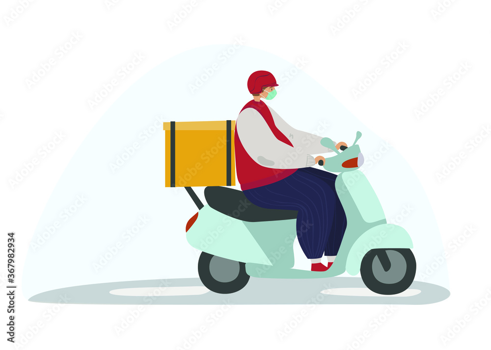 Safe delivery flat vector illustration. Courier in a medical mask on scooter delivers the package. Safe delivery during a virus, epidemic, coronavirus pandemic concept. Delivery of products and goods Safe delivery flat vector illustration. Courier in a medical mask on scooter delivers the package. Safe delivery during a virus, epidemic, coronavirus pandemic concept. Delivery of products and goods