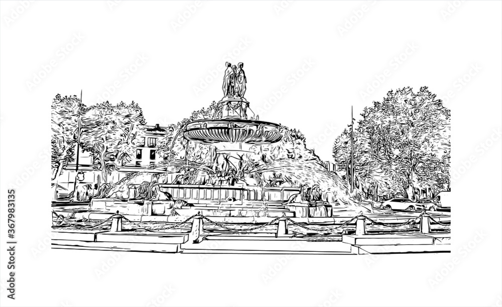 Building view with landmark of Aix-en-Provence is a university city in the region of southern France. Hand drawn sketch illustration in vector.