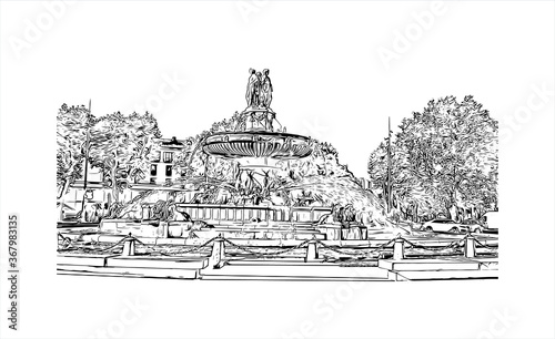 Obraz na płótnie Building view with landmark of Aix-en-Provence is a university city in the region of southern France. Hand drawn sketch illustration in vector. w salonie