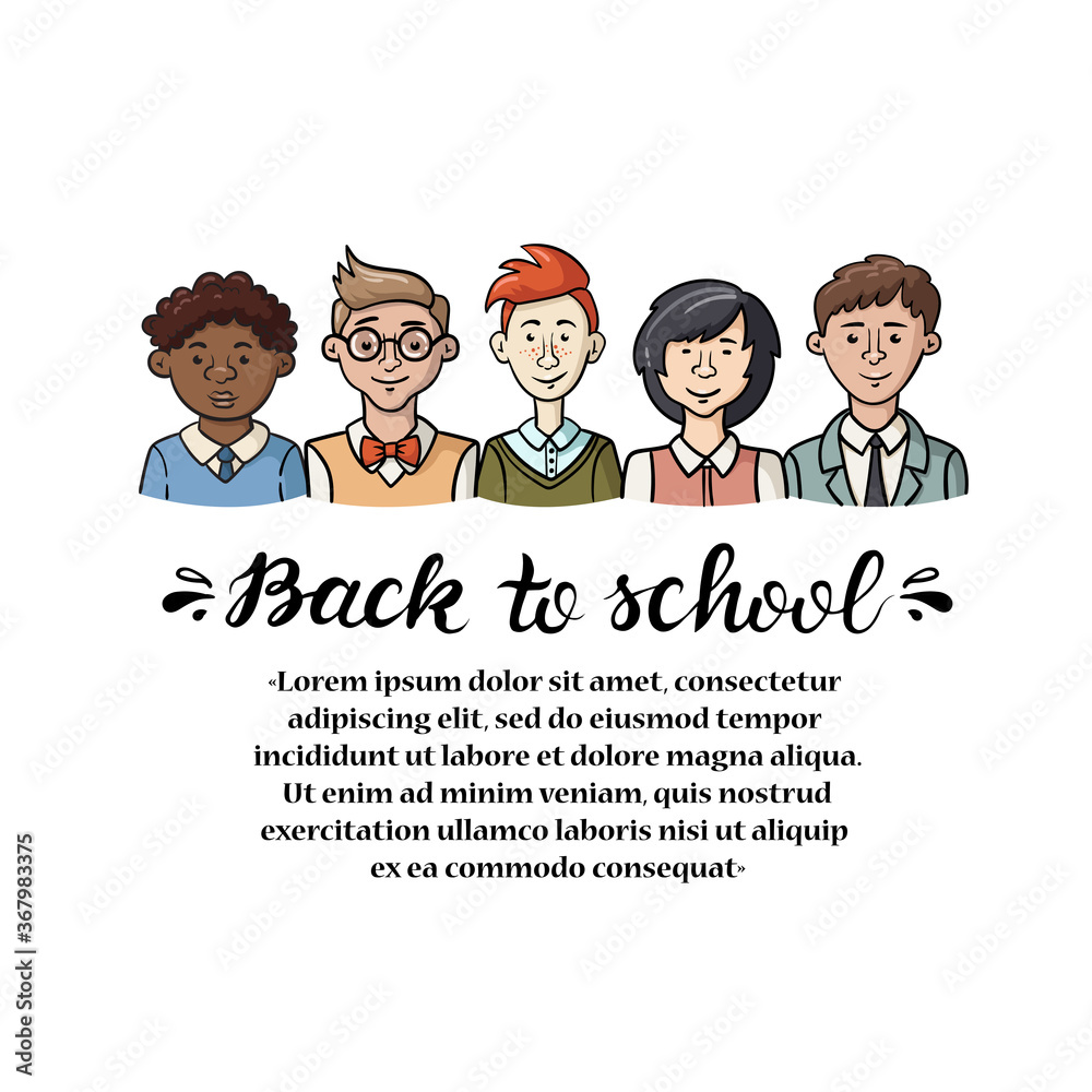 Vector cartoon background with isolated group of multiracial students on white color. Colorful portrets of boys Vector cartoon background with isolated group of multiracial students on white color. Colorful portrets of boys