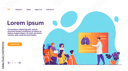 Medical college professor teaching students. Doctor presenting human lungs infographics to audience at conference. Vector illustration for seminar, lecture, healthcare meeting concept