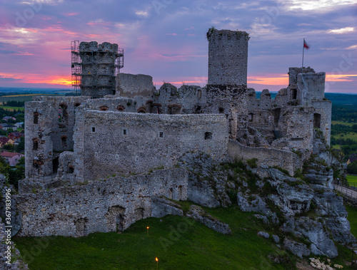 Ogrodzieniec Castle in Poland during sunset The castle is part of the system of strongholds known as the Eagles' Nests