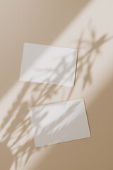 Blank paper sheet cards with mockup copy space with sunlight shadow on beige background. Minimal business brand template. Flat lay, top view