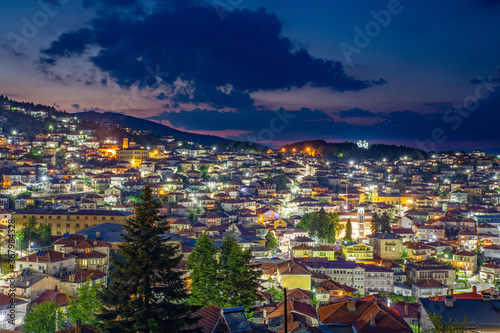 Night view of a city of Krushevo in cental North Macedonia, Balkans