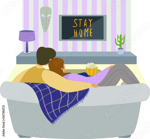 Stay at home and watching tv and movies flat vector illustration. A guy and a girl, a man and a woman sitting at TV on the sofa at home. Quarantine isolation during a virus, coronavirus concept.