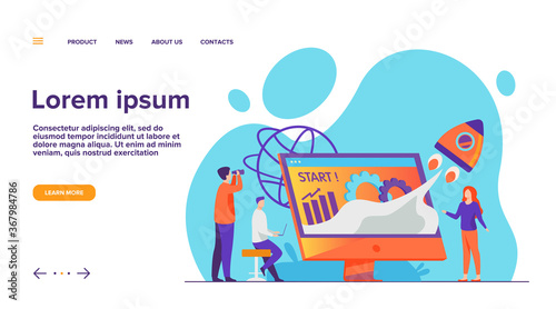 Team starting project. Workgroup working on startup, launching rocket from monitor with growth chart. Vector illustration for new business idea concept