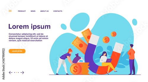 Income and money attraction. People with magnet getting cash. Vector illustration for fast loan, income, investment, profit, finance, success concept