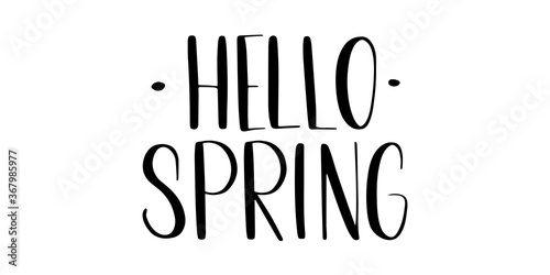 Hello Spring lettering inscription. Handwritten brush calligraphy banner. Black vector text. Simple outline marker style.