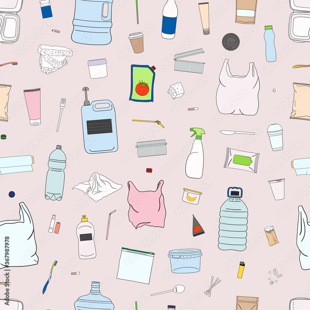 Seamless pattern of colorful garbage. Recycle concept. Seamless pattern of colorful garbage. Recycle concept.