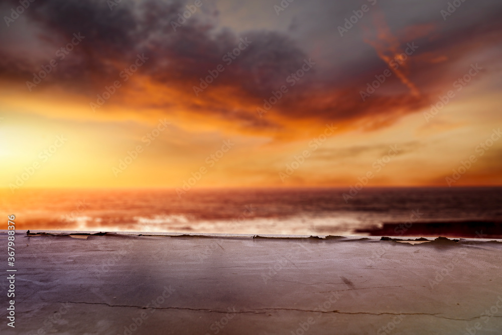 Desk of free space and summer background of beach 