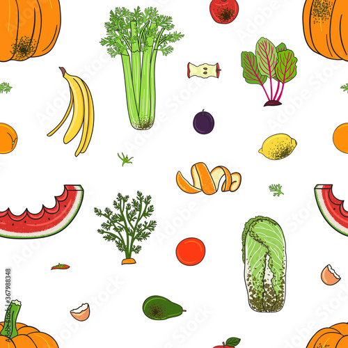 Seamless pattern of organic compost garbage. Rot fruits and vegetables.