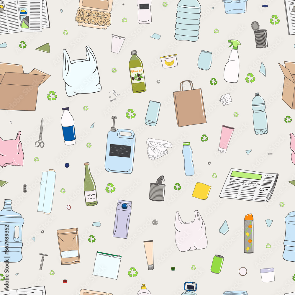 Seamless pattern of colorful garbage. Recycle concept. Seamless pattern of colorful garbage. Recycle concept.