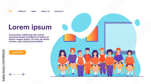 School students posing for class portrait in classroom. Teen girls and boys wearing uniform, sitting on chairs in rows and smiling. Vector illustration for photo, classmates, education concept