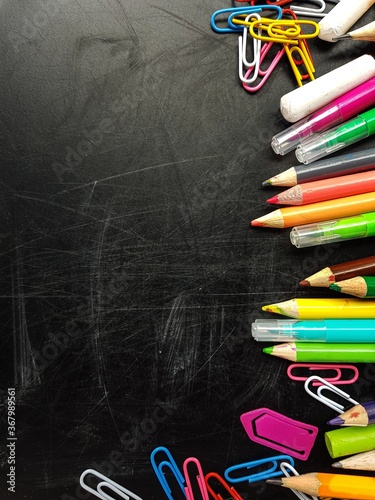 School chalkboard with school and stationery. Back to school.