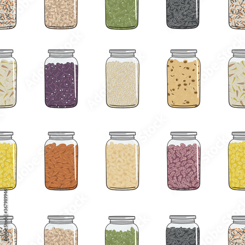 Seamless pattern of jars with cereals, beans, grains, nuts and seeds for kitchen storage