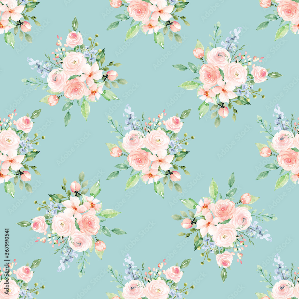 Seamless floral fabric texture, repeat pattern with watercolor flowers ...