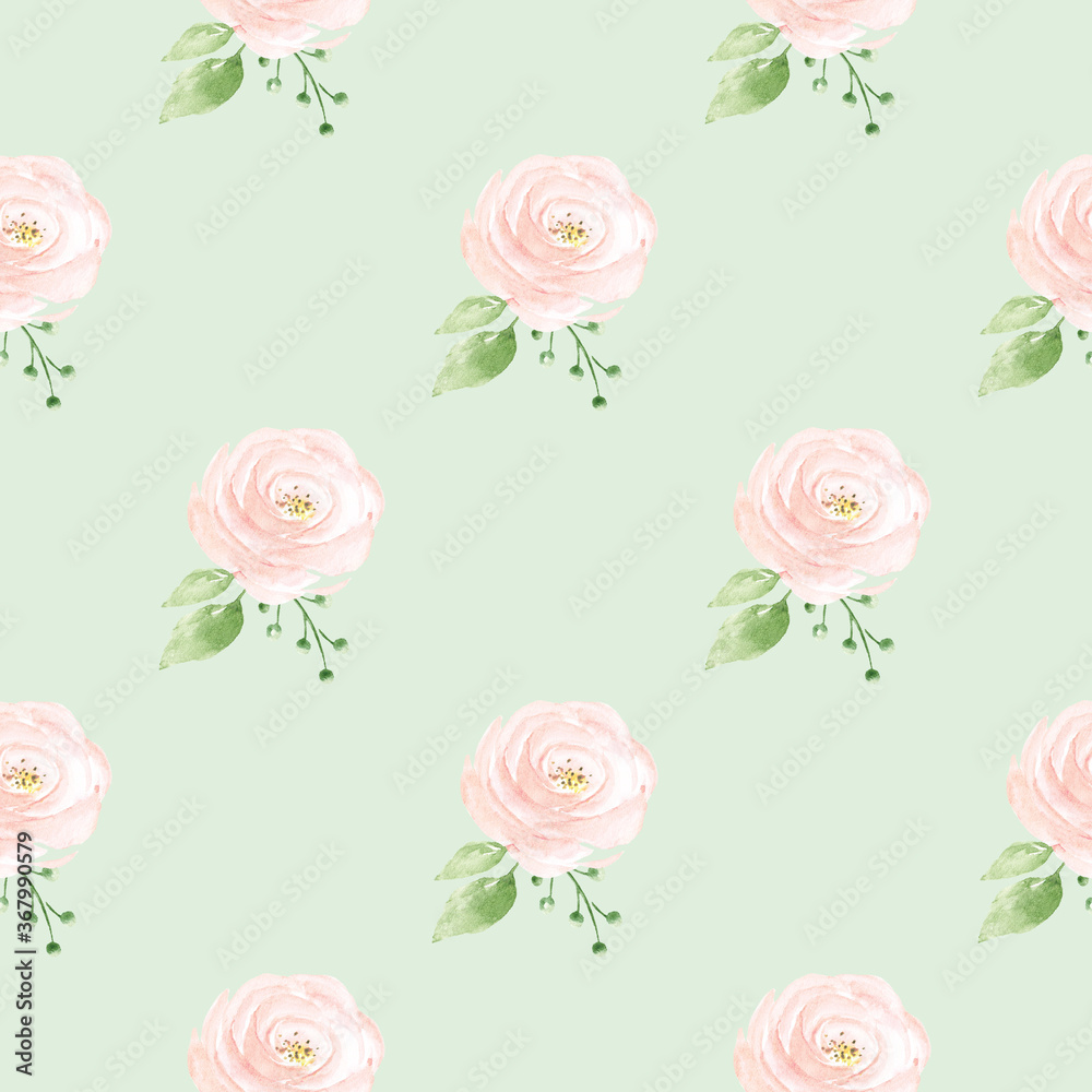Seamless floral fabric texture, repeat pattern with watercolor flowers pink roses, background hand drawing. Perfectly for wrapping paper, wallpaper and other. 