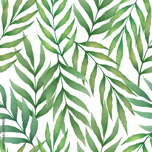 Seamless tropical pattern with watercolor hand drawn palm leaves and branches isolated on white background. Botanical illustration for textile design, print, fabric, wallpaper