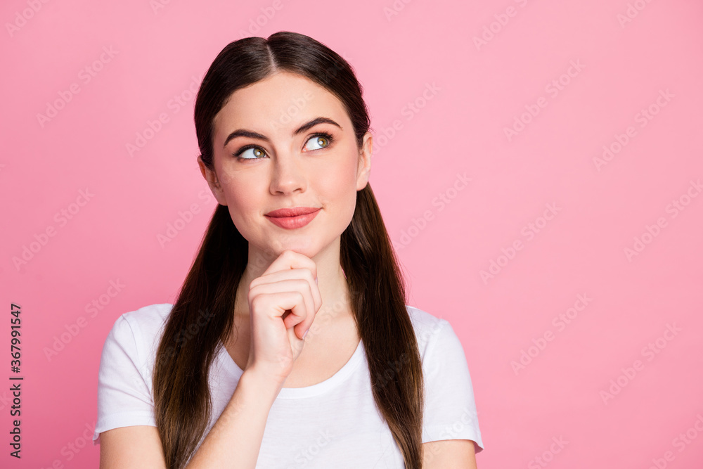 Close-up portrait of her she nice attractive pretty lovely curious creative cute dreamy cheery girl overthinking creating solution isolated over pink pastel color background Close-up portrait of her she nice attractive pretty lovely curious creative cute dreamy cheery girl overthinking creating solution isolated over pink pastel color background