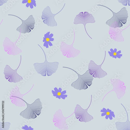 Ginkgo biloba, silhouette of colorful leaves and flowers on a gray background.