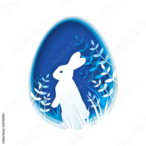 Paper art and digital craft style of rabbit standing on hind legs in the grass that is inside blue egg shape, Happy Easter day concept