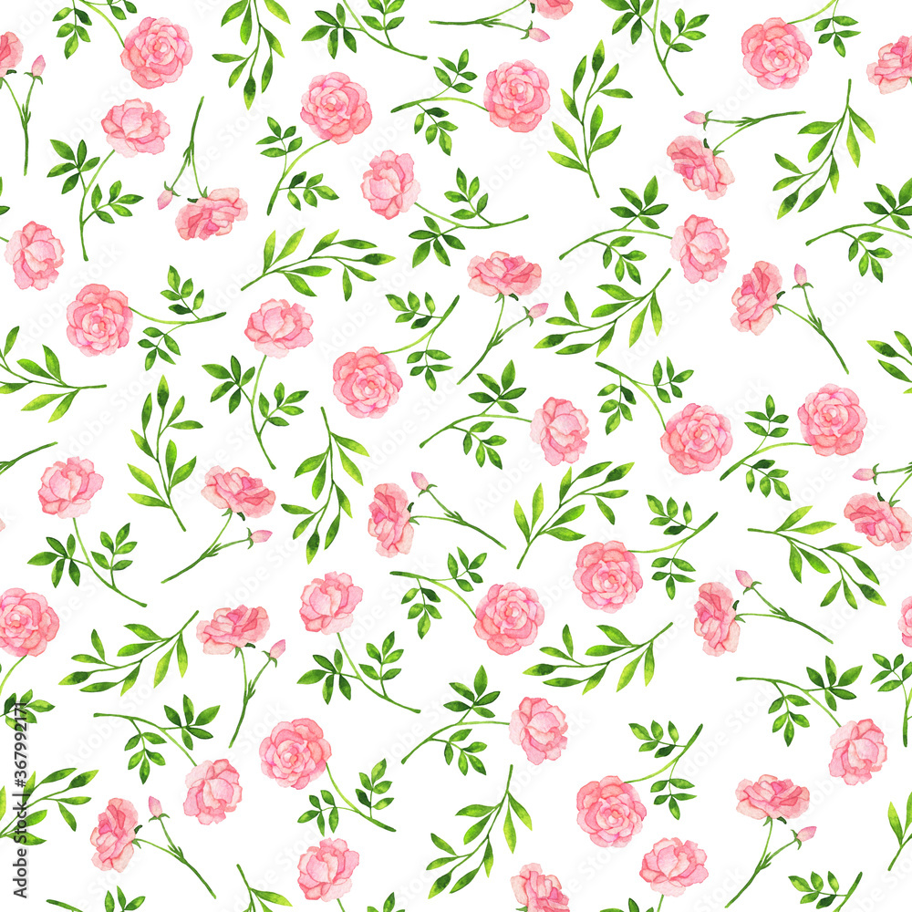 Seamless pattern with pink rose flowers and green leaves on white background. Hand drawn watercolor illustration.