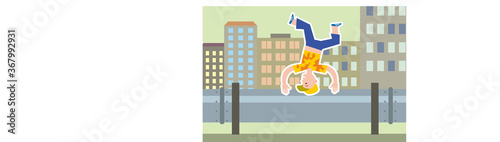 A child plays outside near the heating pipe. Child safety: do not jump over the pipe. Vector illustration. Flat infographics