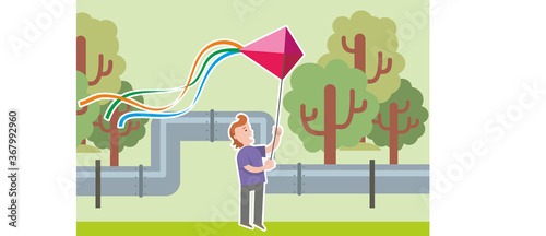 A child plays in the street near the pipes of the heating main. Child safety: do not play near pipes, stay near pipe connections. Vector illustration. Flat infographics