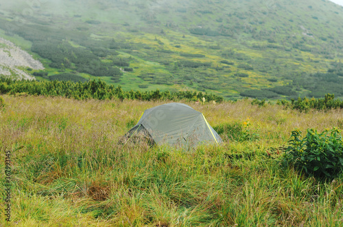 Tourist tent in camp among meadow in the mountain