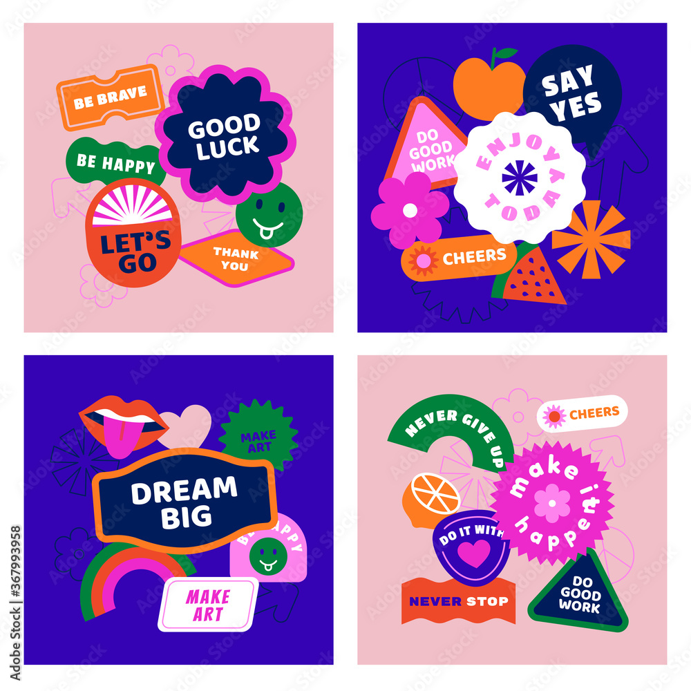 Vector set of design elements, patches and stickers with inspirational phrases - abstract elements for branding, packaging, prints and social media posts - obrazy, fototapety, plakaty 