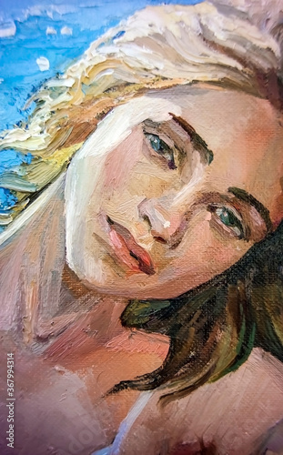 Dreamy blonde girl with blue eyes on a bright sunny day, the sea on the background. Oil painting on canvas. 