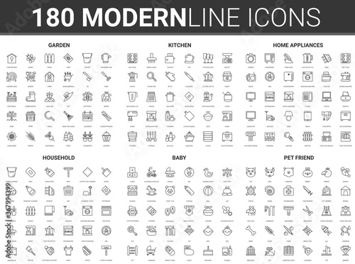 House item vector illustration. Flat thin line household modern icon set of home appliance for kitchen housework, kitchenware, furniture tools for garden work and baby toys, pet accessories symbols photo