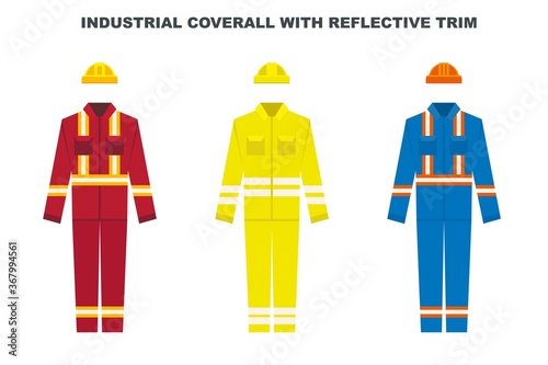 Industrial work wear coverall with reflective trim. Construction worker uniform color types. Vector illustration.