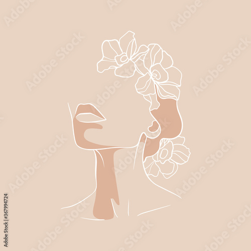 Stylish outline drawing. Girl portrait and flowers. Laconic sketch with smooth lines, abstract shapes. Monochrome line art in a minimalist modern style, fashion illustration. Logo, postcard, poster.