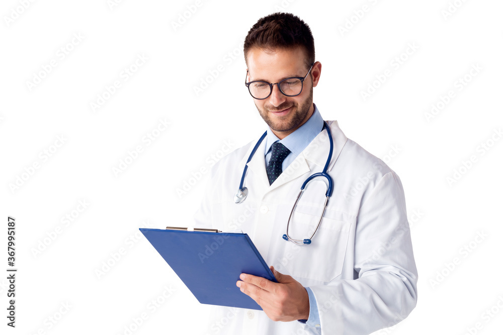 Portrait of male doctor with clipboard in his hand standing at isolated white background Portrait of male doctor with clipboard in his hand standing at isolated white background