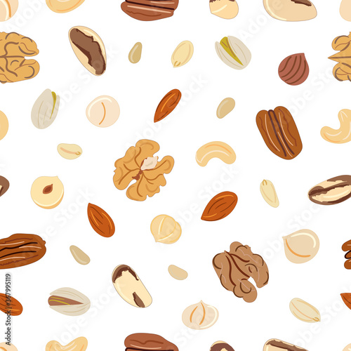 Seamless pattern of nuts and seeds. Kitchen  cooking print.