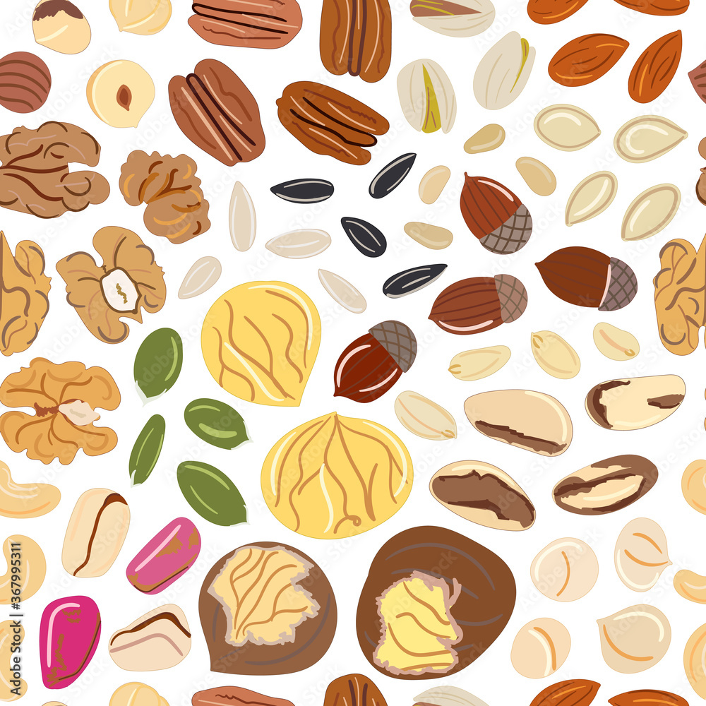 Seamless pattern of nuts and seeds. Kitchen, cooking print.