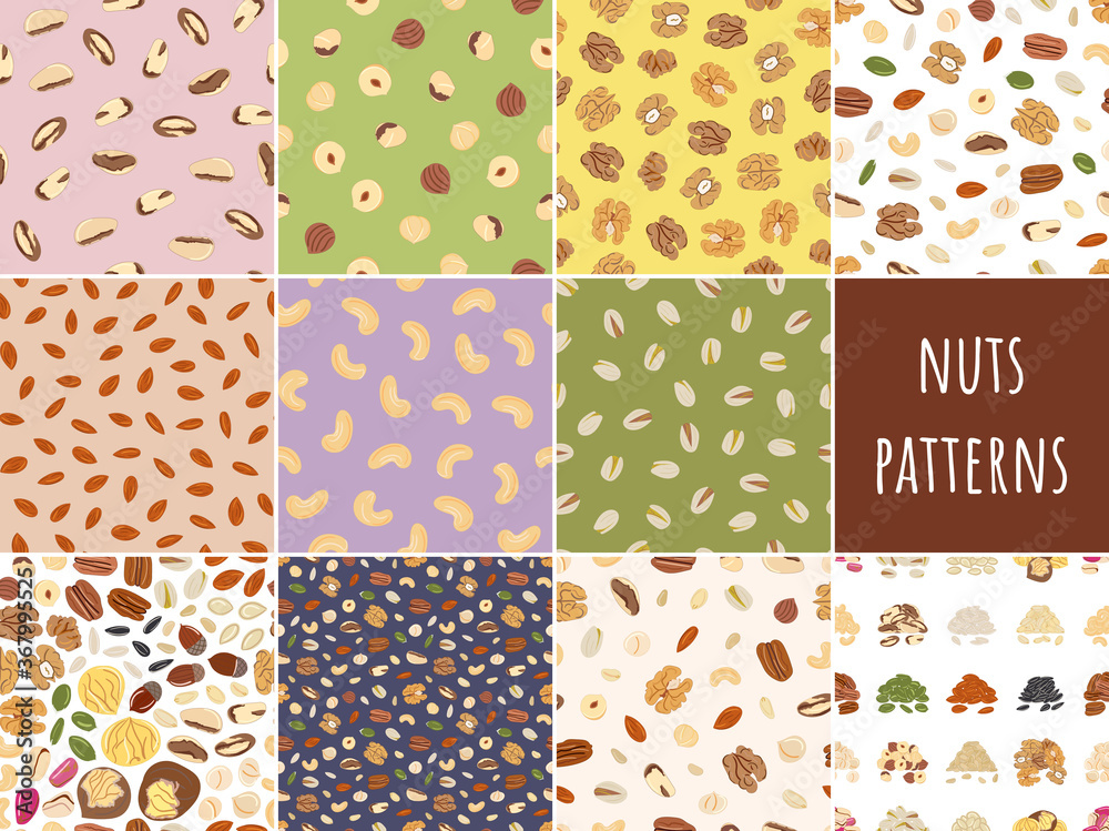 Set of seamless pattern of nuts and seeds. Kitchen, cooking print.