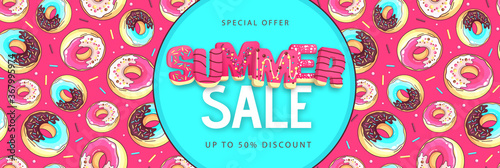 Colorful summer big sale poster with sweet donuts. Summertime background. Junk food background. Typography design