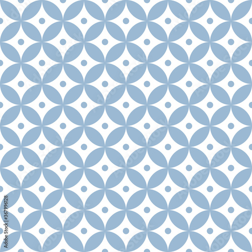 Japanese pattern. Seven treasures in blue and white. Seamless shippo overlapping circles with small dots for wallpaper, tablecloth, or other spring and summer paper or textile print.