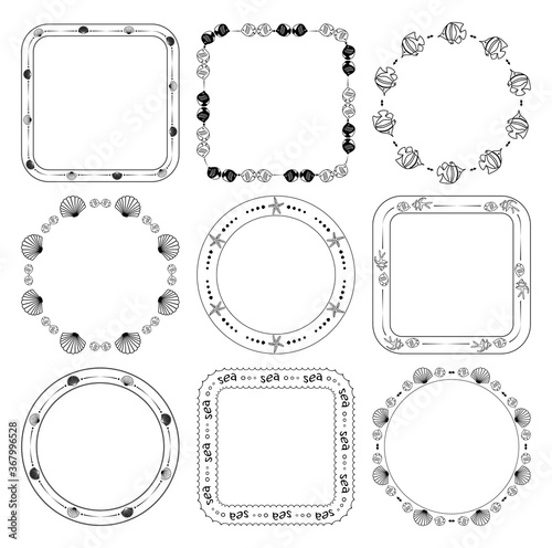 round and quadrate frames with fish and seashells - vector marine set