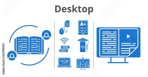 desktop set. included feedback, chemistry, ereader, student-laptop, smartphone, ebook, book, click icons. filled styles.