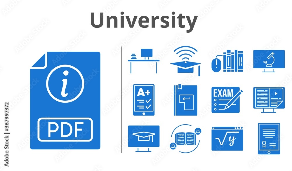 university set. included maths, student-desktop, microscope, feedback, exam, tablet, ereader, pdf, desktop, cap, books, ebook, enter icons. filled styles.