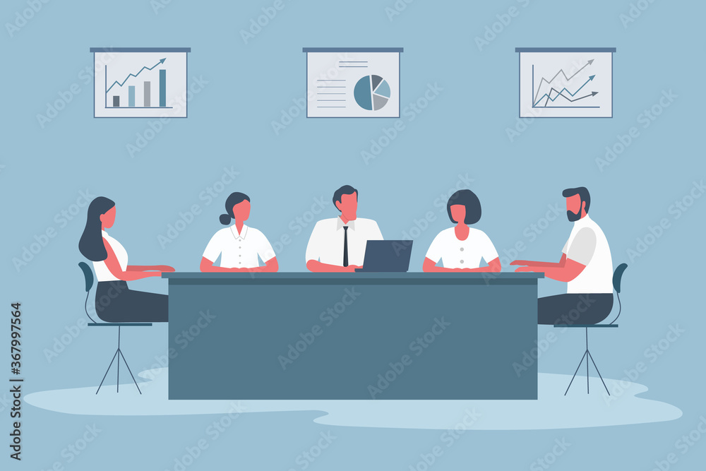 Business people during the meeting. Office workers are sitting at the table in the office. There are also diagrams on the wall. Conference hall. Funky flat style. Vector illustration Business people during the meeting. Office workers are sitting at the table in the office. There are also diagrams on the wall. Conference hall. Funky flat style. Vector illustration