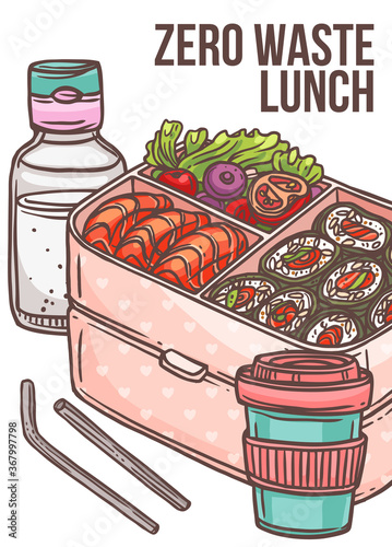 Zero waste lunch poster with bento box with sishi and vegetables, reusable bamboo coffee cup, straw and glass bottle with water. Go green, no pollution and eco friendly concept. Cute vector illustrati