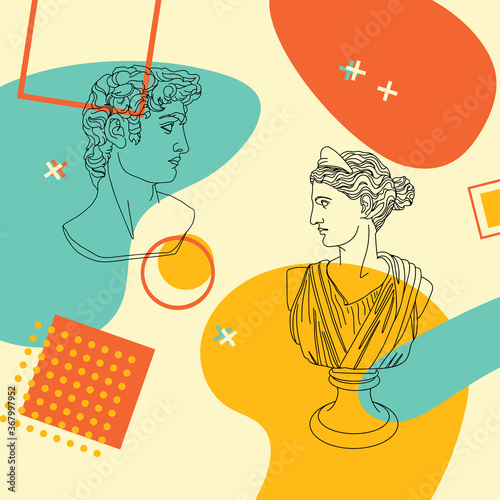 Linear drawing of the sculpture of the goddess Diana and David. Technique modern collage, memphis style. Geometric shapes and forms. Vector stock illustration on isolated background. Fashion print and