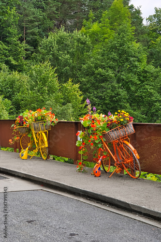 Saudafjorden. Svandalsfossen fall. Bicycle as a flower pot. Colorful bicycle in bloom. Røldal road. Norway, Stavanger region, Rogaland, Ryfylke scenic route. photo