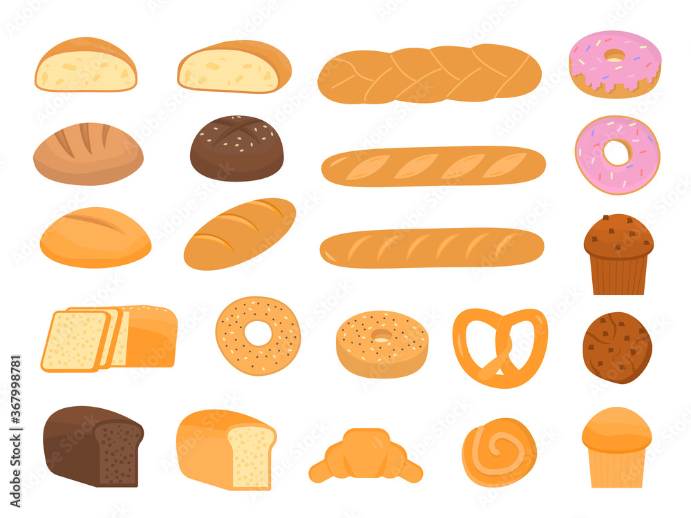 Set of cartoon baking pastry products for bakery menu, recipe book. Baguette, rye bread, whole wheat loaf, bagel, croissant, sourdough, ciabatta, doughnut, cupcake, maffin, cookie. Vector illustration