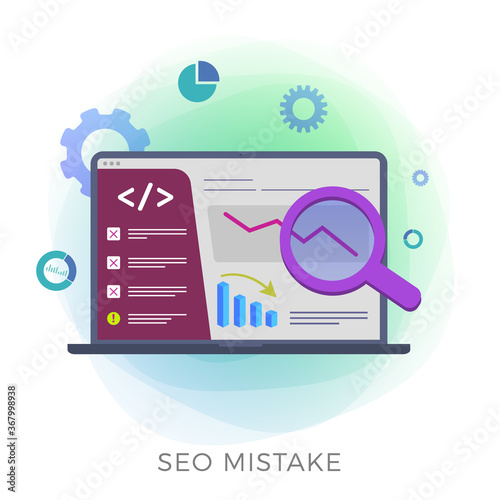 SEO Mistake - Search Engine Optimization strategy errors. Digital marketing campaign modern vector illustration concept. Wrong or incorrectly seo composed digital online advertising company