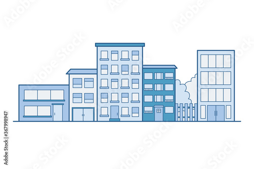 SImple city illustration in blue color with outline